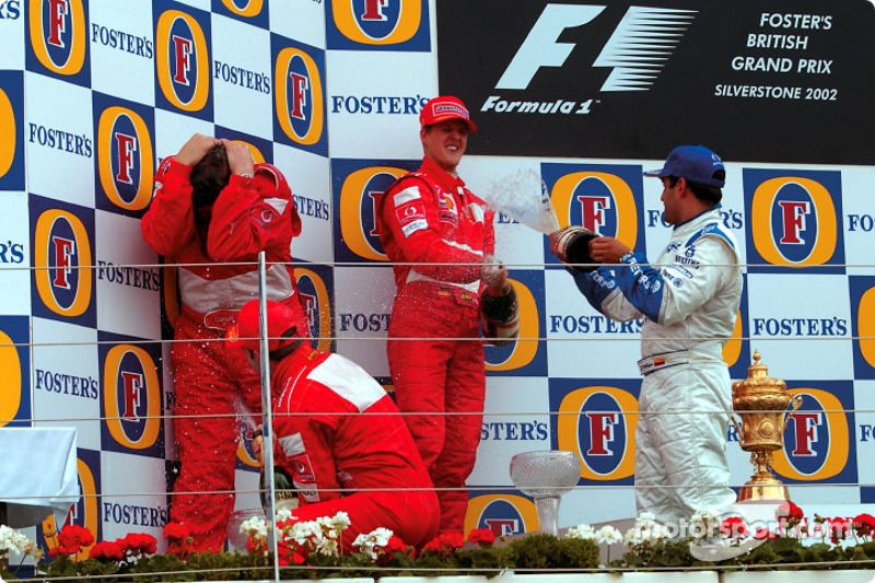 Podio de F1 en Silverstone 2002: 1. Michael Schumacher, 2. Rubens Barrichello, 3. Juan Pablo Montoya