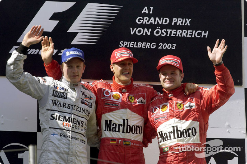 Podium: Sieger Michael Schumacher, Kimi Räikkönen, Rubens Barrichello