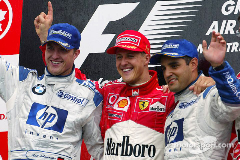 Podium : le vainqueur Michael Schumacher, Ralf Schumacher et Juan Pablo Montoya