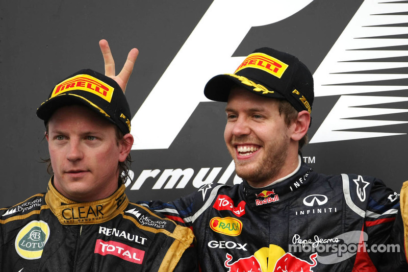 Kimi Raikkonen, Lotus F1 Team en Sebastian Vettel, Red Bull Racing