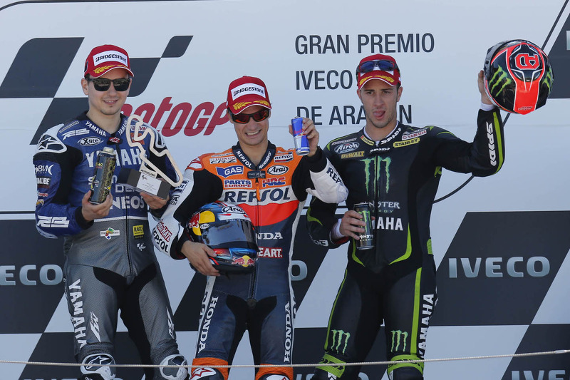 Podium: race winner Dani Pedrosa, Repsol Honda Team, second place Jorge Lorenzo, Yamaha Factory Racing, third place Andrea Dovizioso, Yamaha Tech 3