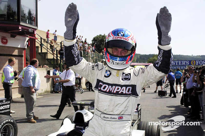 Jenson Button celebrates third qualifying position