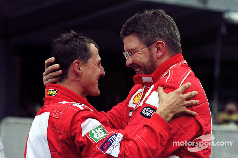 Race winner Michael Schumacher and Ross Brawn