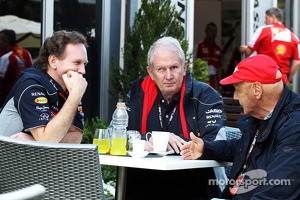 Christian Horner, Red Bull Racing Team Principal with Dr Helmut Marko, Red Bull Motorsport Consultant and Niki Lauda, Mercedes Non-Executive Chairman
