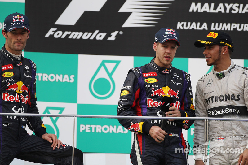 Podium: race winner Sebastian Vettel, Red Bull Racing, second place Mark Webber, Red Bull Racing, third place Lewis Hamilton, Mercedes AMG F1