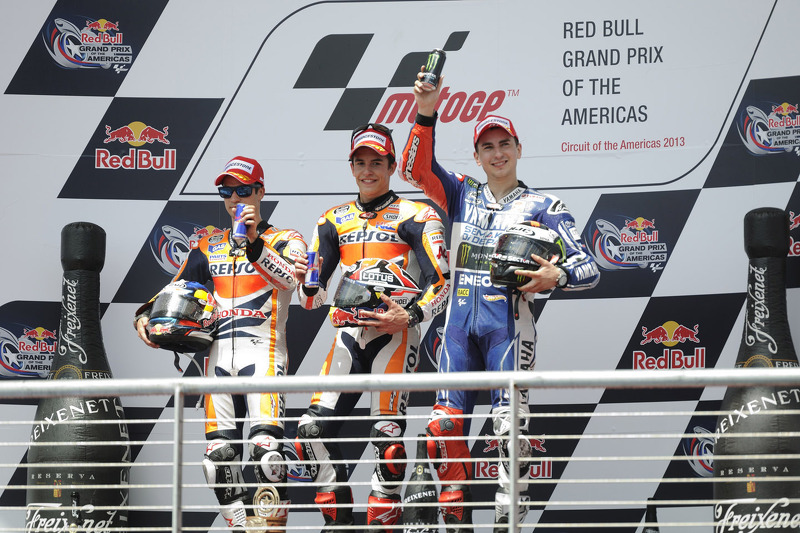 Podium: winner Marc Marquez, second place Dani Pedrosa, third place Jorge Lorenzo