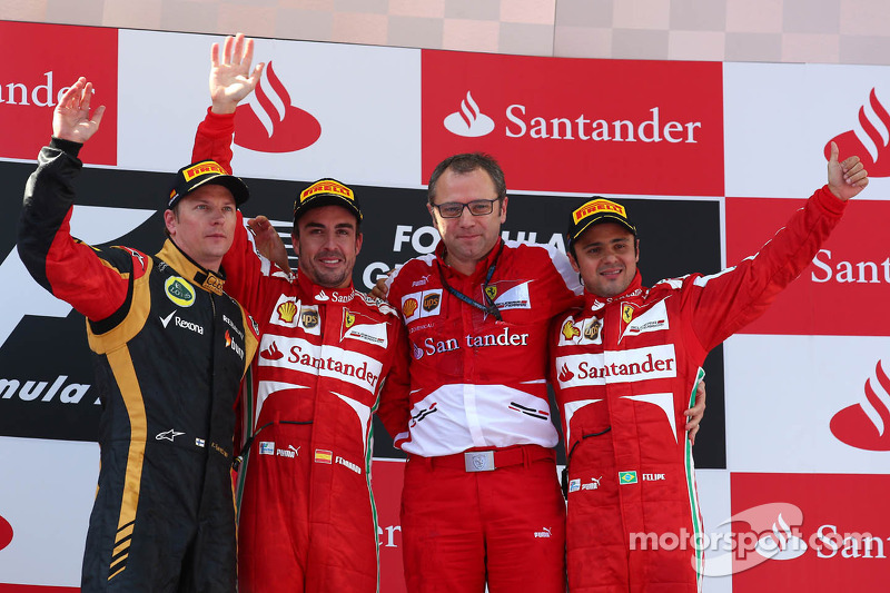 Podium: race winner Fernando Alonso, Ferrari, second place Kimi Raikkonen, Lotus F1, Third place Felipe Massa, Ferrari and Stefano Domenicali, Ferrari General Director