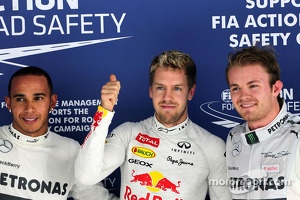 pole for Sebastian Vettel, Red Bull Racing, 2nd for Nico Rosberg, Mercedes and 3rd for Lewis Hamilton, Mercedes AMG F2