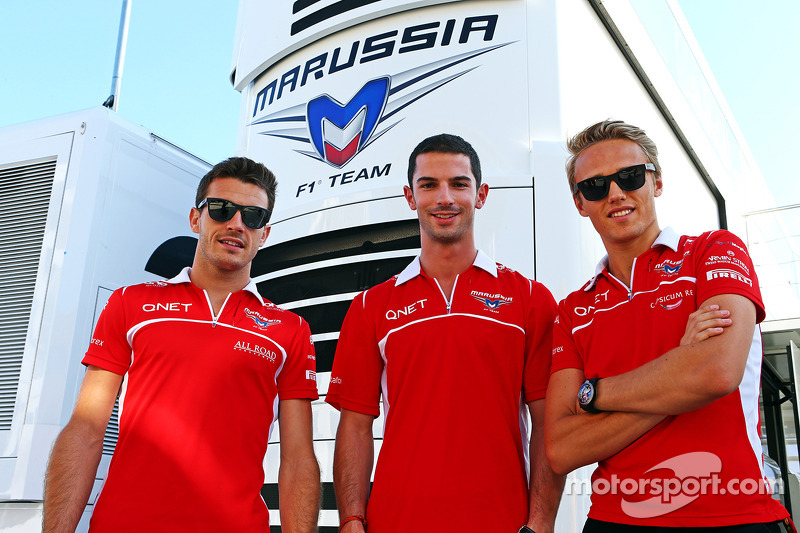 Jules Bianchi, Marussia F1 Team with Alexander Rossi, Marussia F1 Team Reserve Driver and Max Chilton, Marussia F1 Team