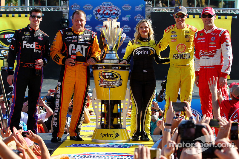 The four drivers for the 2014 Sprint Cup: Denny Hamlin, Joe Gibbs Racing Toyota, Ryan Newman, Richar