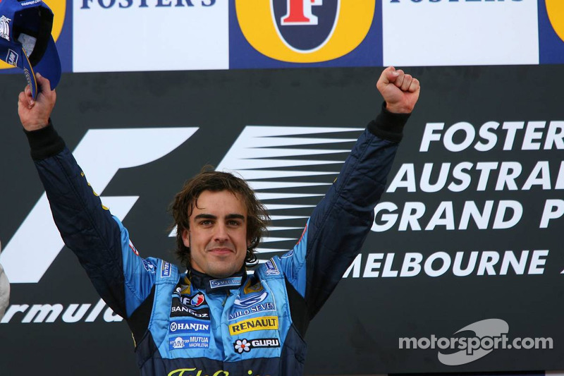 Podium: race winner Fernando Alonso celebrates