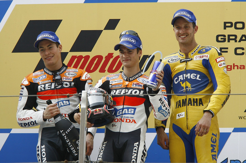 Podium: le vainqueur de la course Dani Pedrosa avec Nicky Hayden et Colin Edwards