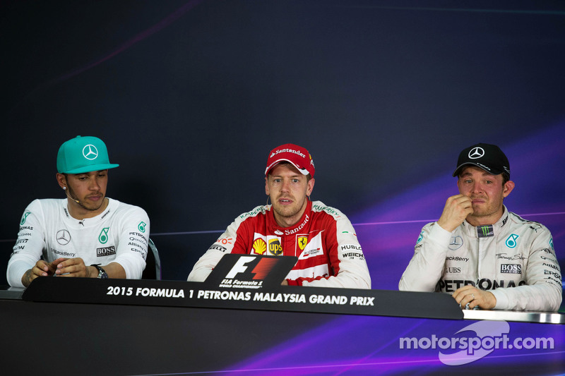 Conférence de presse FIA d'après-course: Mercedes AMG F1, second; Sebastian Vettel, Ferrari, vainqueur; Nico Rosberg, Mercedes AMG F1, troisième