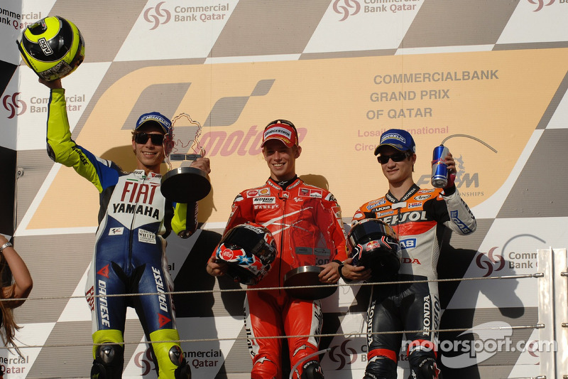 Podium: Sieger Casey Stoner mit Valentino Rossi und Dani Pedrosa