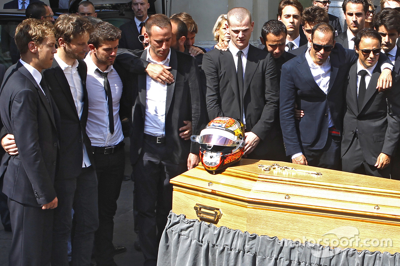 Sebastian Vettel, Romain Grosjean, Pastor Maldonado, Felipe Massa attend the funeral of Jules Bianch