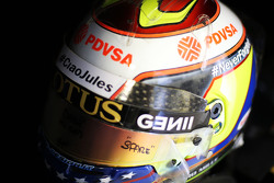 The helmet of Pastor Maldonado, Lotus F1 Team carries a tribute to Jules Bianchi