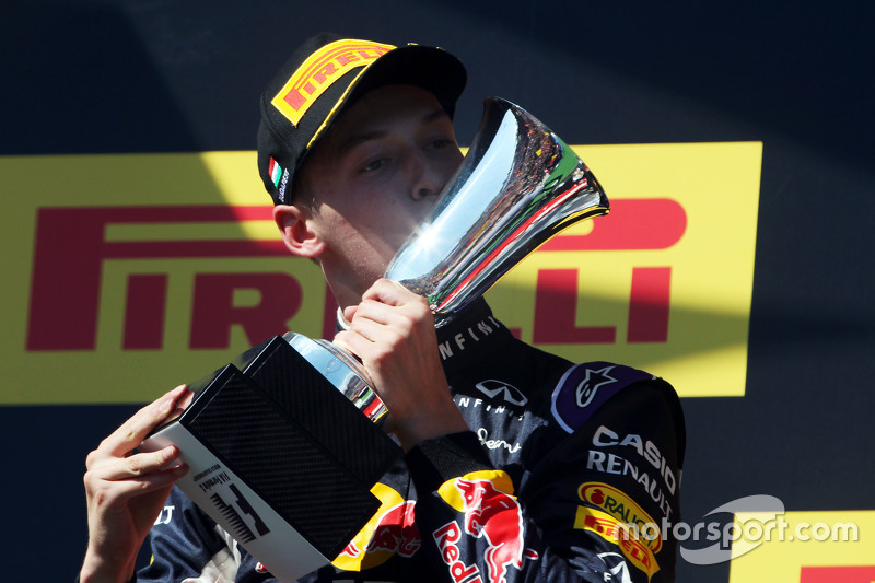 Daniil Kvyat, Red Bull Racing celebrates his second position on the podium