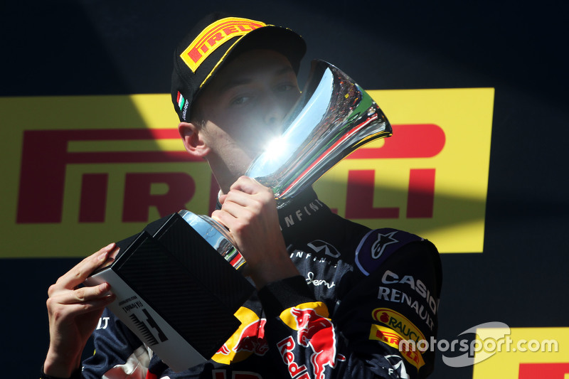 Daniil Kvyat, Red Bull Racing celebrates his second position on the podium