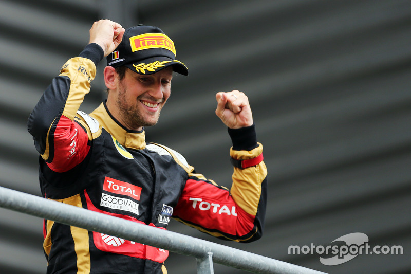 Romain Grosjean, Lotus F1 Team celebrates his third position on the podium