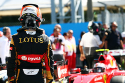 Romain Grosjean, Lotus F1 Team dans le Parc Fermé
