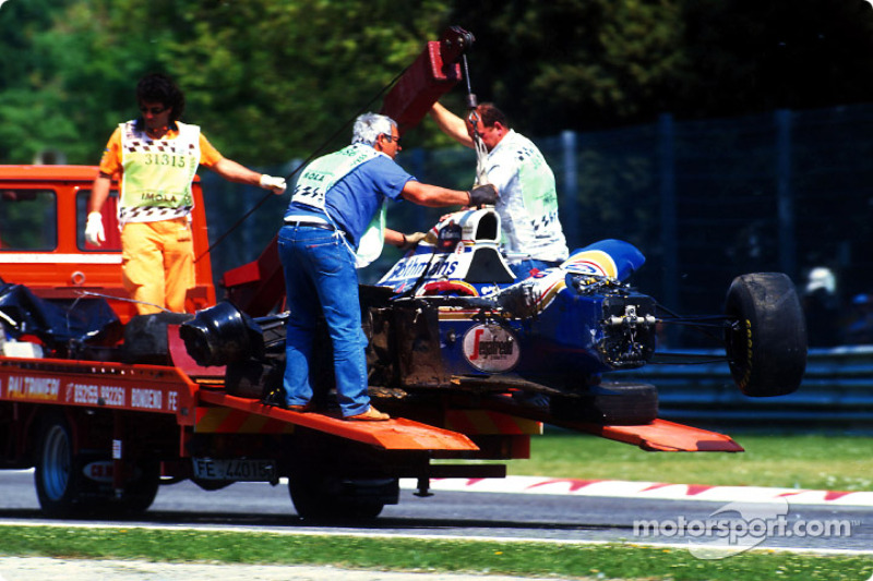 The fatal crash of Ayrton Senna at Tamburello: the wrecked car of Ayrton Senna