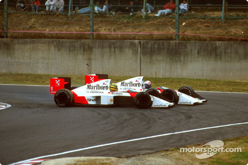 The infamous crash of Ayrton Senna and Alain Prost on lap 46