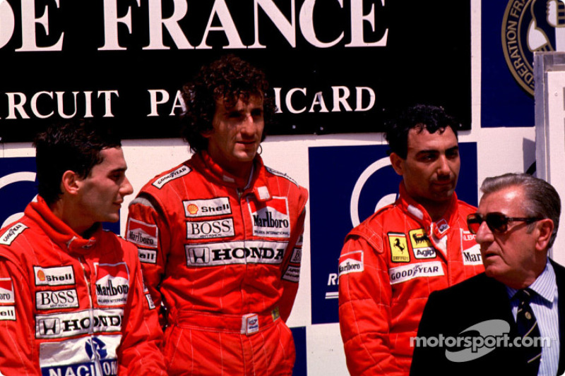 Podium: El ganador de la carrera, Alain Prost con Ayrton Senna y Michele Alboreto