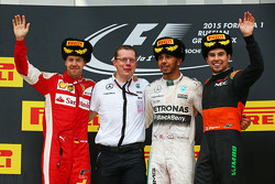 Podium: second place Sebastian Vettel, Ferrari and winner Lewis Hamilton, Mercedes AMG F1 and third place Sergio Perez, Sahara Force India F1