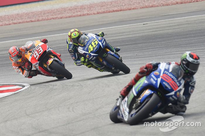 Jorge Lorenzo, Yamaha Factory Racing, Valentino Rossi, Yamaha Factory Racing, y Marc Marquez, Repsol
