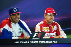 Race winner and World Champion Lewis Hamilton, Mercedes AMG F1 and third place Sebastian Vettel, Ferrari in the FIA Press Conference
