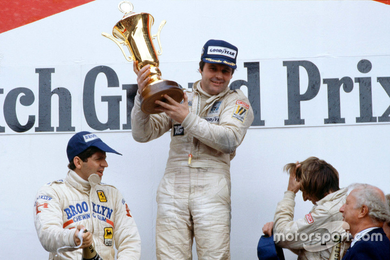 Podium: race winner Alan Jones, Williams, second place Jody Scheckter, Ferrari, third place Jacques Laffite, Ligier