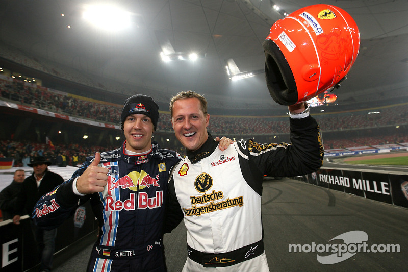 Nations Cup winners Michael Schumacher and Sebastian Vettel for Team Germany celebrate