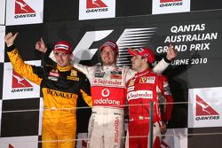 Podium: race winner Jenson Button, McLaren Mercedes, second place Robert Kubica, Renault F1 Team, third place Felipe Massa, Scuderia Ferrari